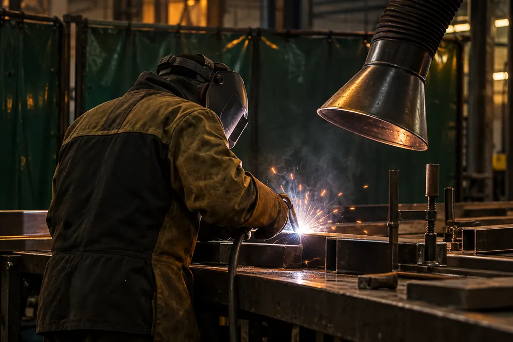 Protected welder joining steel beside fume extraction for Manchester commercial welding work