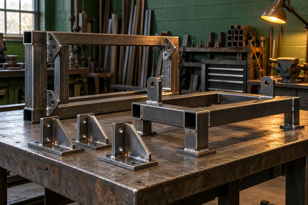 Hollow steel frames and fixing brackets illustrating metalwork for Manchester business premises